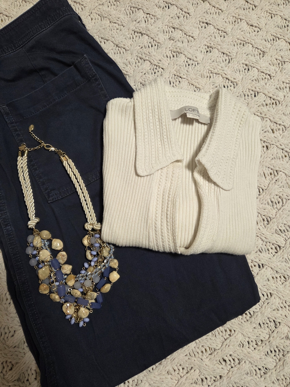 LOFT Cream Ribbed Collared Sweater - Classic Women's Pullover